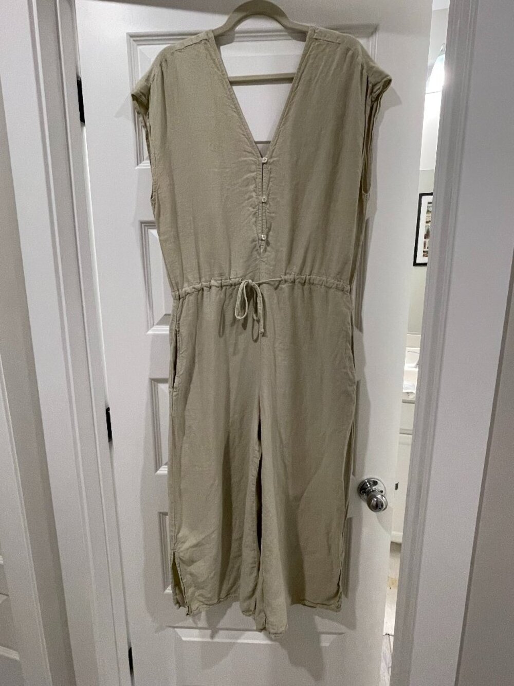 Cloth & Stone Anthropologie Linen Wide-Leg Cropped Jumpsuit Size M Beige